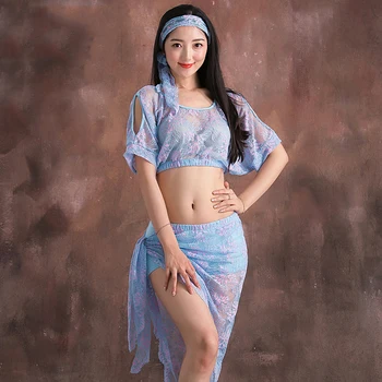 

Bellydance Costume Women Modal Lace Printed Short Sleeve Lady Belly Dance Top Skirt Sari Indian Clothing Exotic Dancewear DN2287