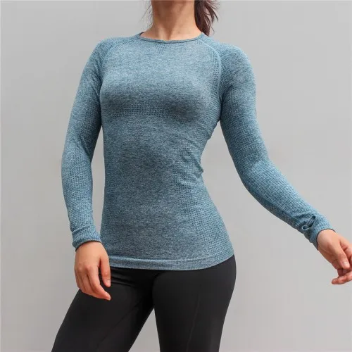 Бесшовная Спортивная рубашка с длинным рукавом с отверстием для большого пальца женская спортивная одежда для спортзала топы спортивные Спортивная одежда Женская рубашка для йоги - Цвет: Blue