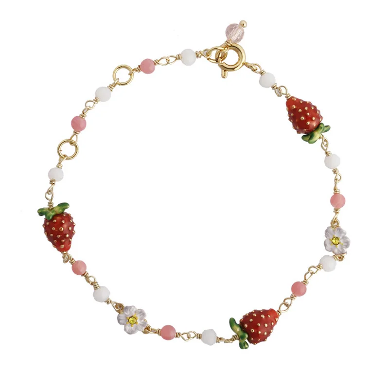 

Fashion lovely Strawberry flowers bead bracelet enamel glaze red fruit flower lady bangs bracelets for women charms jewelry