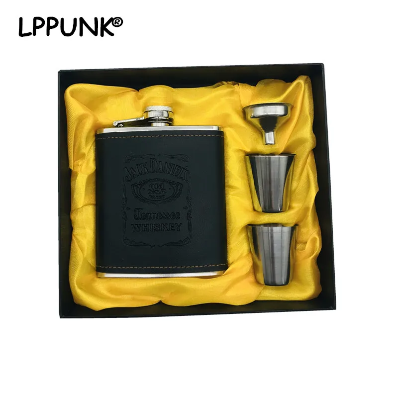 

2018 New 7oz pu leather Wrapping whisky flagon cccp Stainless steel alcohol jack hip flask SET with BLACK gift box LPPUNK