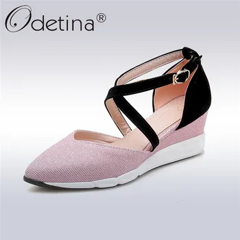 

Odetina 2019 New Fashion Soft Leisure High Heels Wedges Women Buckle Strap Cross Tied Shallow Pointed Toes Casual Shoes Summer