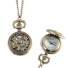 Vintage Pocket Watch Bronze Color Quartz Watch Cool Chain Hollow Butterfly Love Vine Flower Watches LL@17