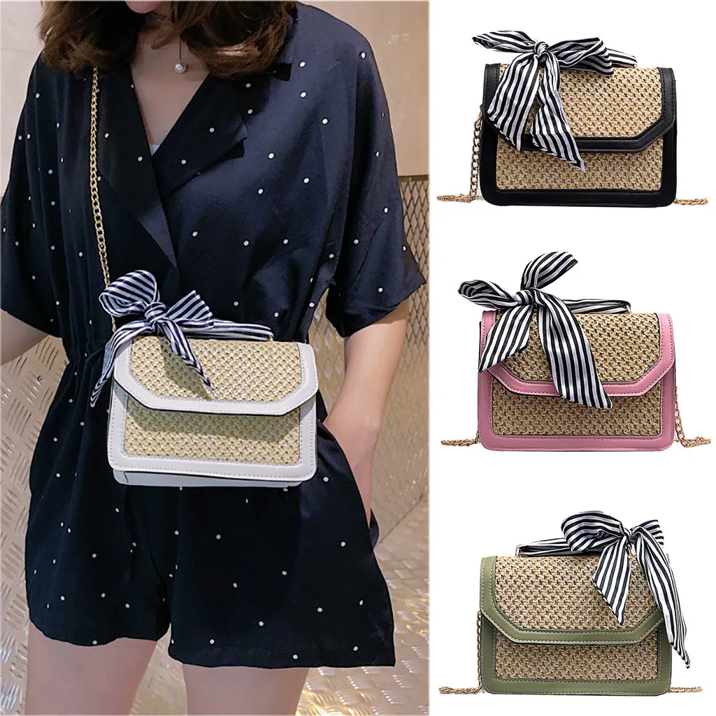

Women Chain Straw Beach Bag Stitching Small Square Bag Shoulder Messenger Bag Small Flap bag High Quality Casual Travel