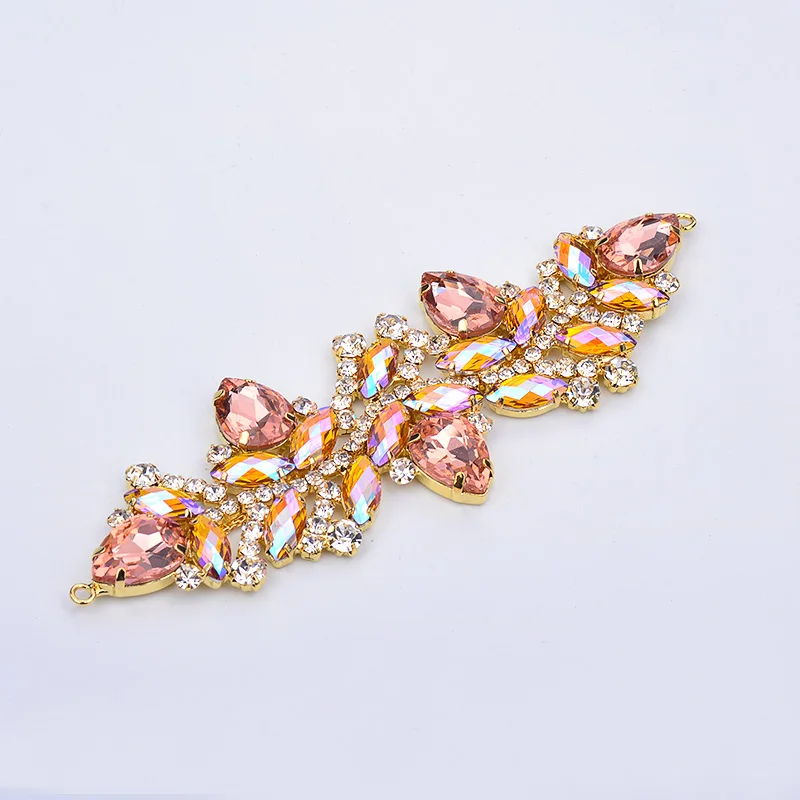 JUNAO 4.5x14cm 로즈 레드 블루 AB 크리스탈 체인 라인 석 커넥터 꽃 유리 Strass Applique 비키니 브래지어 스트랩 트림 DIY