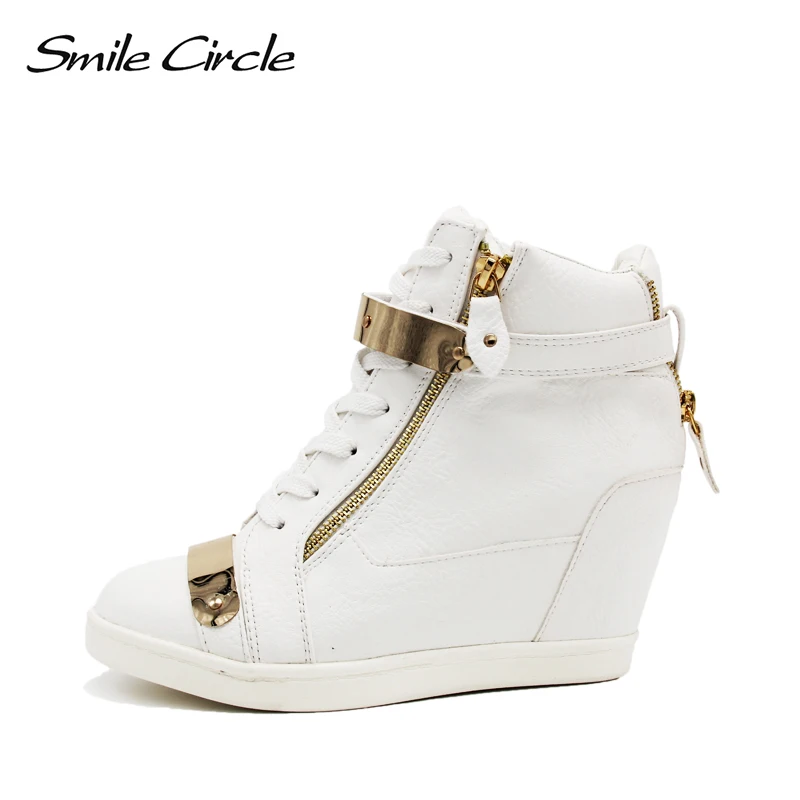 Prix 2018 Printemps Automne Style compensées espadrilles femmes high top en cuir PU Haute talon casual chaussures femmes sneakers noir blanc