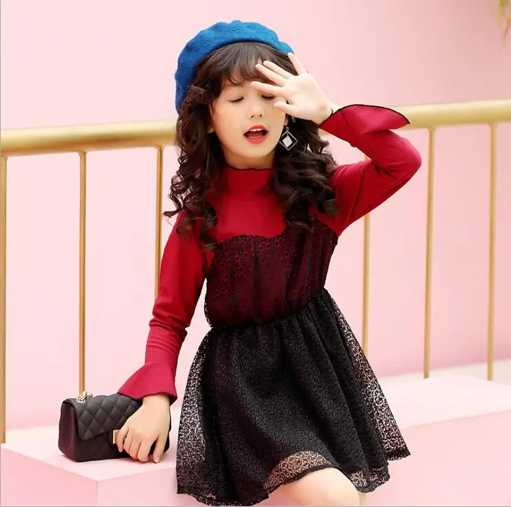 

2017 Autumn New Style Children Girl Lace Dress Fashion Personality Long Sleeve Ball Gown Black Red Teenager Little Girl Clothes