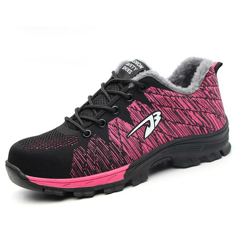 

womens fashion steel toe caps work safety warm cotton shoes anti-puncture building site worker winter snow security fur boots