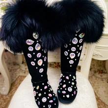 Сапоги до бедра из коровьей замши с натуральным мехом; Сапоги выше колена с блестящими кристаллами; женские зимние сапоги; теплая плюшевая зимняя обувь