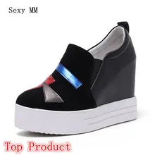 Пояса из натуральной кожи на танкетке обувь без шнуровки Женские туфли-лодочки Лоферы для женщин танкетке Повседневное увеличивающие рост Туфли на плоской подошве Большие размеры 34–40