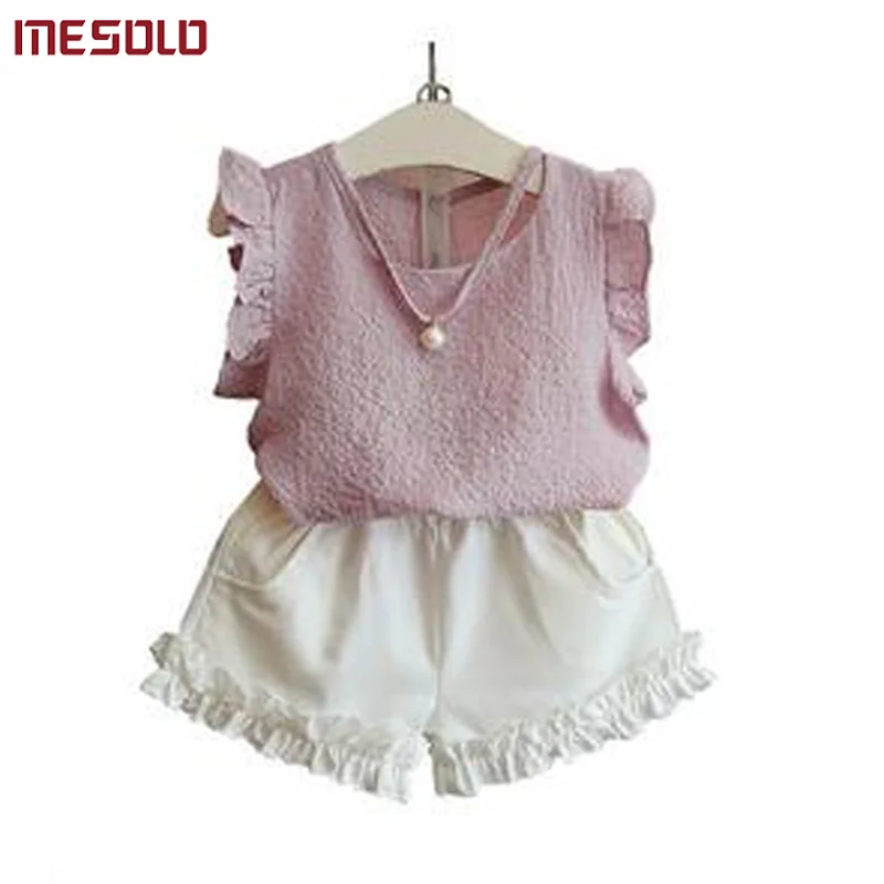

MESOLO Girls Clothing Sets 2018 Summer Children Clothing Wear Pearl Chiffon T-Shirts + Shorts Sets Kids Clothes For Girl