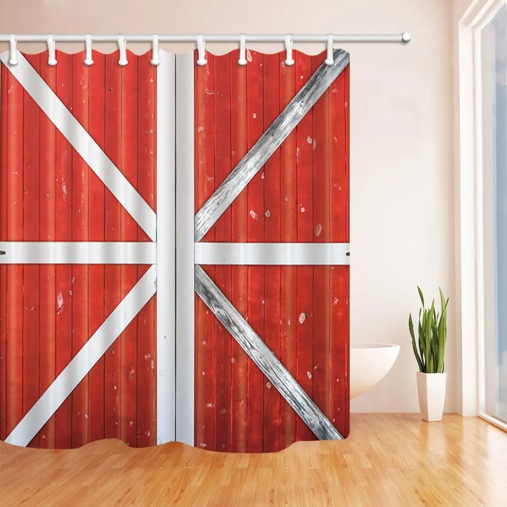 Farmhouse on Village Shower Curtains for Bathroom, Traditional Red and