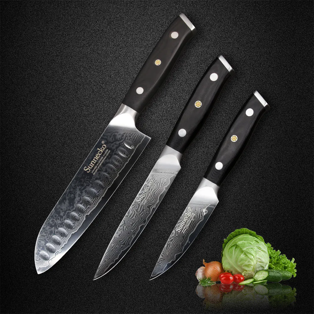 

SUNNECKO 3PCS Kitchen Knife Set Santoku Utility Paring Knives Japanese Damascus VG10 Steel Razor Sharp Blade G10 Sanding Handle