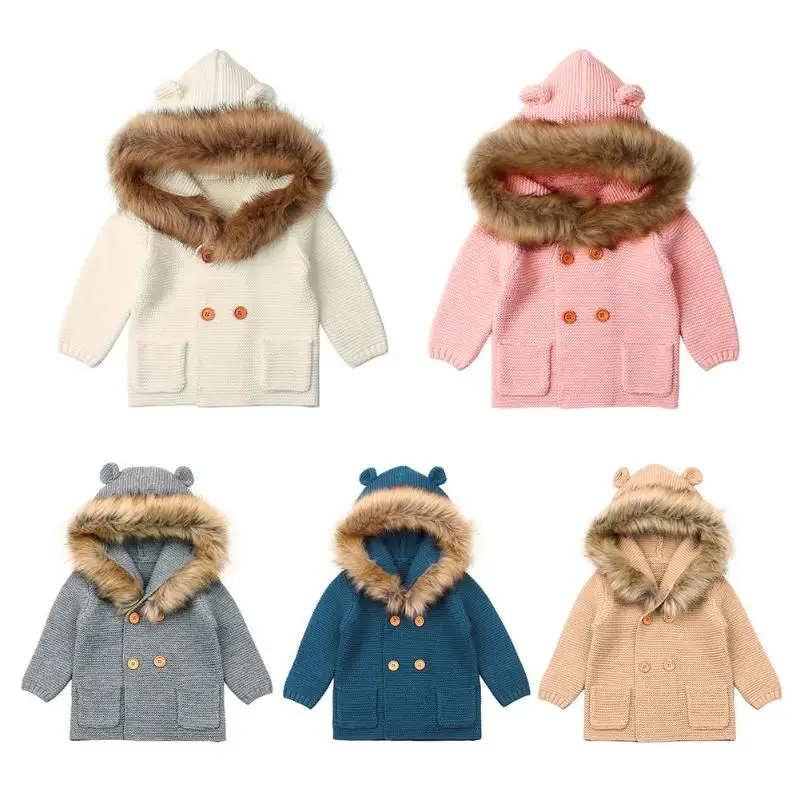 

Baby Hooded Knitted Sweaters Thick Outerwear Fur Collar Double-breasted Cartoon Ears Coat Girls Boys Solid Color
