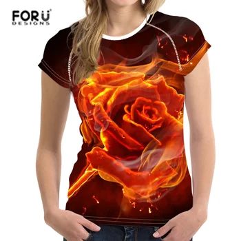 

FORUDESIGNS FloralT-shirts Women 3D Fire Print Tshirt Lady Funny Tee Tops Female Casual Flower Short Sleeved Tshirt Crop Tops