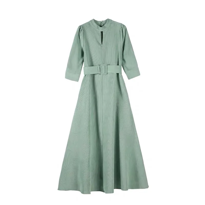 

YOSIMI 2019 Spring Women Long Dress Corduroy Autumn Maxi Dress for Women Vintage Full Sleeve Ankle-Lenght Female Vestido Green