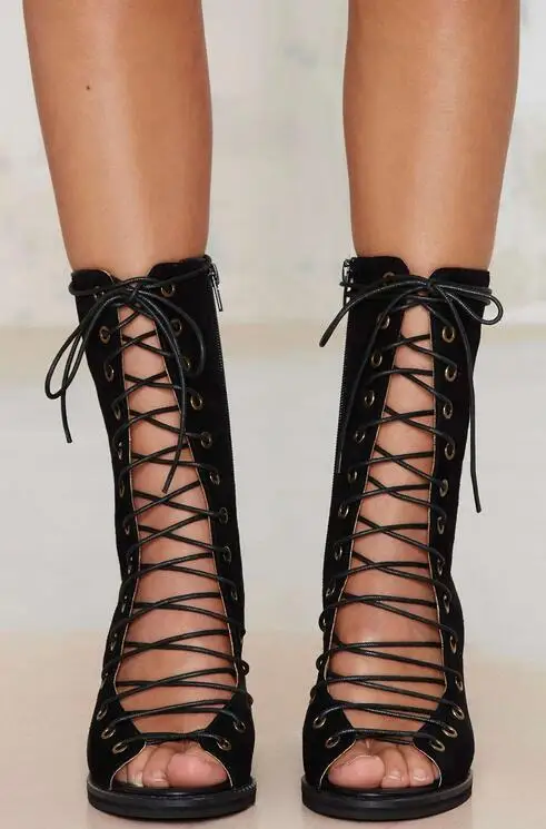 

Designer open toe gladiator high heel women ankle boots fashion lace-up chunky heel sandal boots motorcycle women boots