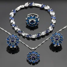 Azul Creado Zafiro Blanco CZ Collar de Color Plata Colgante Pulseras Pendientes Anillos Para Las Mujeres Conjuntos de Joyas Caja de Regalo Libre