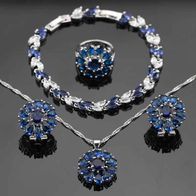 

Blue Sapphire White Topaz 925 Silver Necklace Pendant Bracelets Earrings Rings For Women Jewelry Sets Free Gift Box