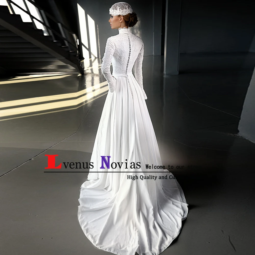 Elegant Arabic Islamic Hijab Wedding Dress 2019 Robe Mariage High Neck Lace Beaded Long Sleeve Muslim Wedding Dresses Bruidsjurk September 2020