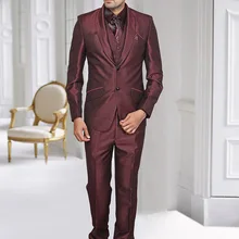 Бордовый Костюм Джентльмена Свадебные Мужские костюмы для выпускного вечера Slim Fit смокинги 3 шт. две пуговицы жениха Одежда Лучший мужской костюм Morning платье