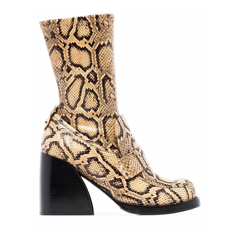 Buono Scarpe/женские ботинки с животным принтом; кожаные женские ботинки; Botas Fenimina; женские ботинки на массивном каблуке со змеиным принтом; Botas Mujer