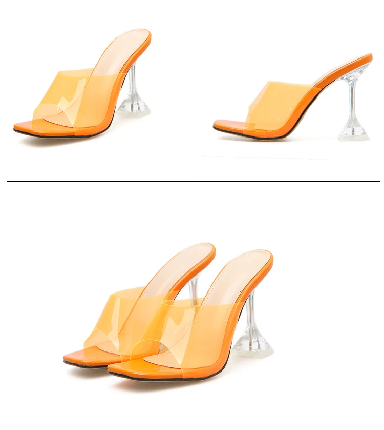 Aneikeh New Summer Rome PVC Transparent Slippers Women's Shoes Open Toe Clear Thin High Heel Crystal Orange Apricot Silver