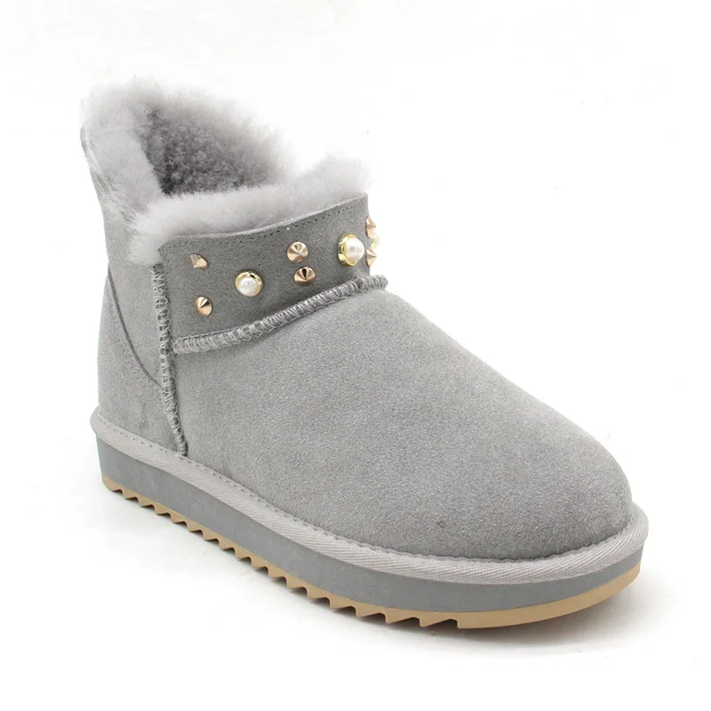 EXCARGO Wool Fur Snow Boots Woman Pearl 2018 Winter New Genuine Leater Female Short Boots Warm Cotton Padded Snow Boots Flats
