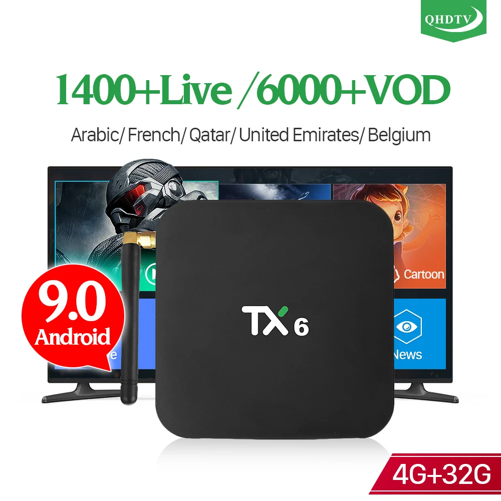

QHDTV Android 9.0 IPTV Subscription Box TX6 4+32G BT5.0 USB3.0 Dual-Band WIFI IP TV 1 Year 4K France IPTV Arabic Belgium Box