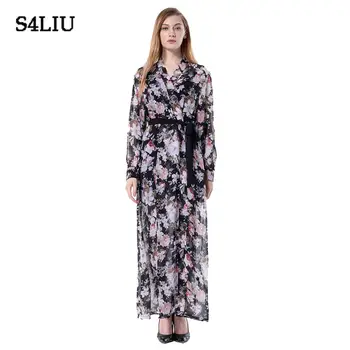 

New Women Maxi Open Cardigan Flower Printed Muslim Gown Islamic Robe Belt Lot