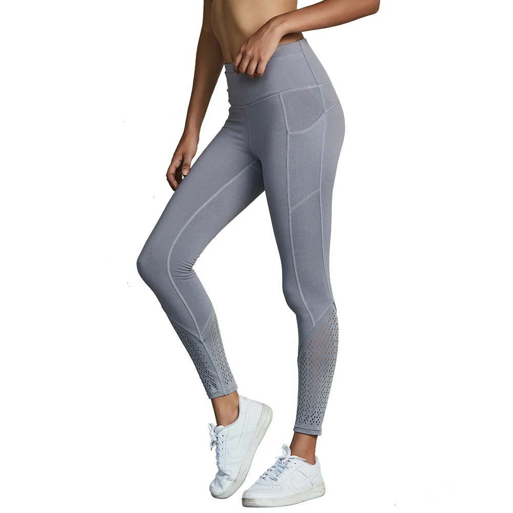 Breathable Laser Cut Yoga Fitness Pants With Pocket 4 Way Stretchy