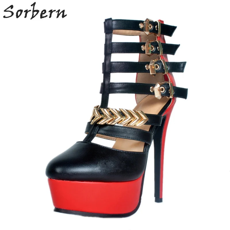 

Sorbern Black And Red Women Pump T-Straps Pointed Toe Platform High Heel Shoes Red Point Black Heel Luxury Women'S Shoes 2018