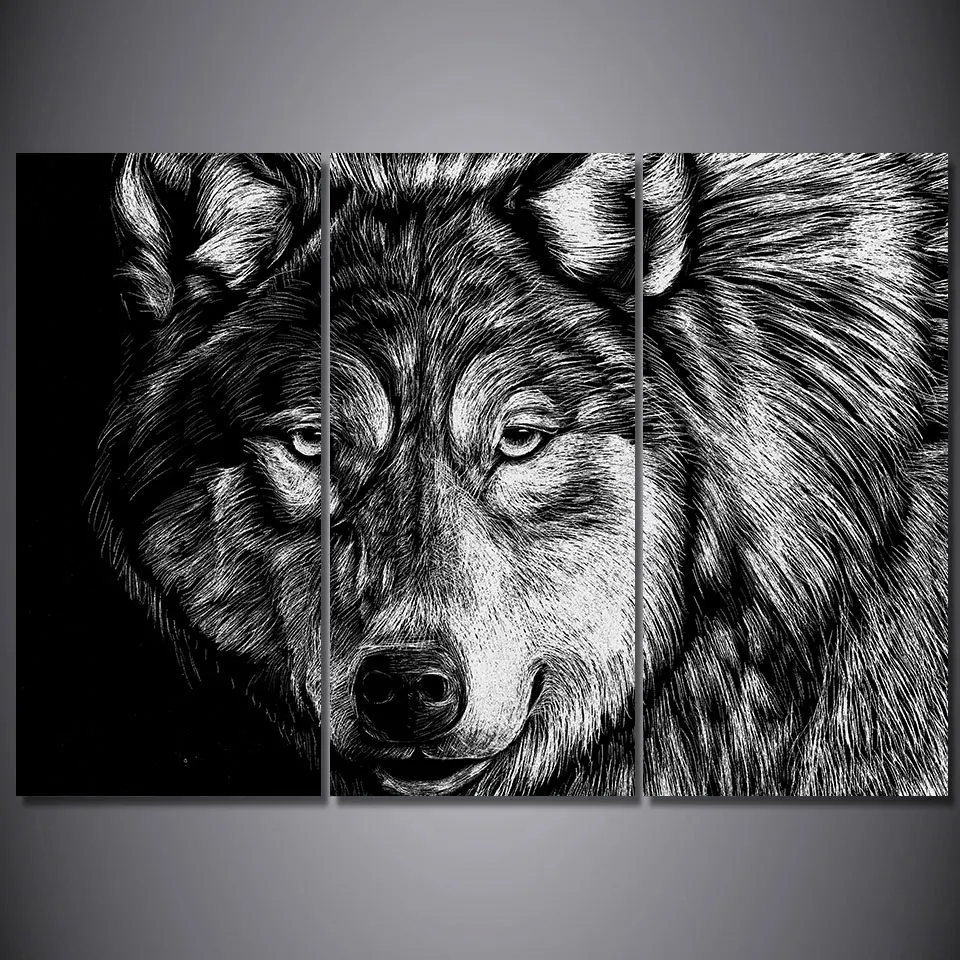 3 Pieces Wolf Poster Black White Wall Art Canvas Pictures For Living