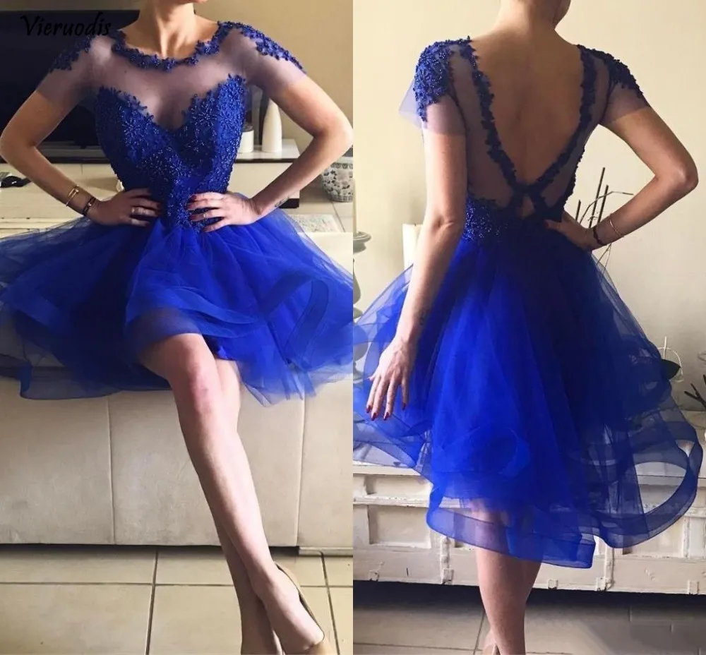

Blue Short Homecoming Dresses Beaded Jewel Neck Short Sleeves Backless Graduation Dress Tiered A Line Prom Gowns Party Dres