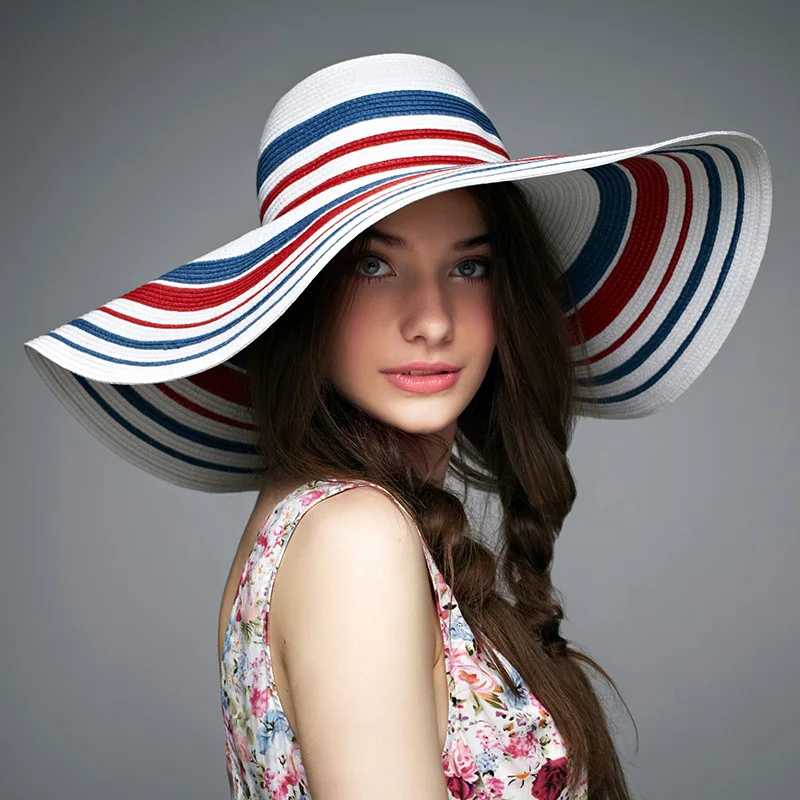 Модная шляпа от солнца с широкими полями для женщин, летняя Соломенная пляжная шляпа, Классическая полосатая шляпа с большими полями
