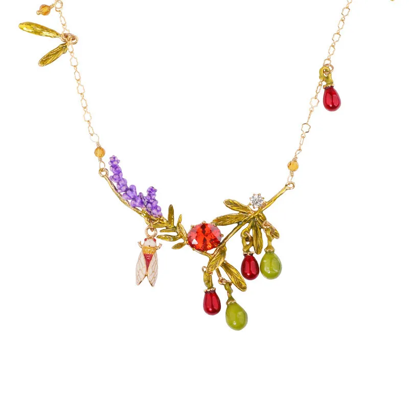 

Warmhome Trendy Jewelry Enamel Glaze Copper Fashion Lavender Flowers Cicada Red Gem For Women Necklaces