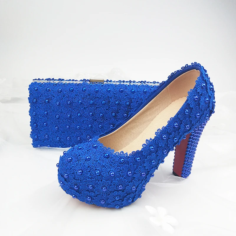 BaoYaFang/Модные женские свадебные туфли на толстом каблуке, ярко-голубой цветок, обувь на платформе и высоком каблуке, с сумочкой в комплекте