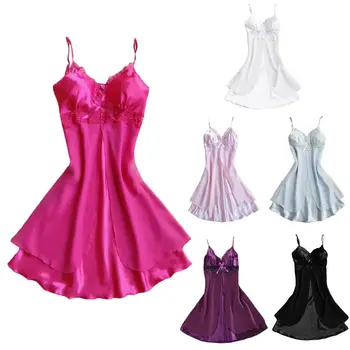 

Womens Plus Size Faux Silk Erotic Lingerie Dress Sleeveless Deep V-Neck Ruffles Nightgown Solid Color Double Layer Floral Lace P