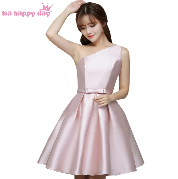 

beautiful pale pink modest junior girls bridesmaid dresses short bridal one shoulder satin brides maid party dress H3823