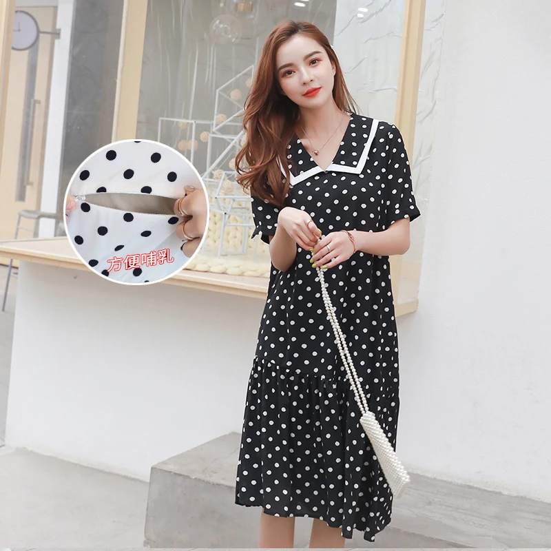 

Maternity Fashion Nursing Dress Summer Turn-Down Collar Postpartum Women Zipper Brreastfeeding Dress Polka Dot Lactation Clothes
