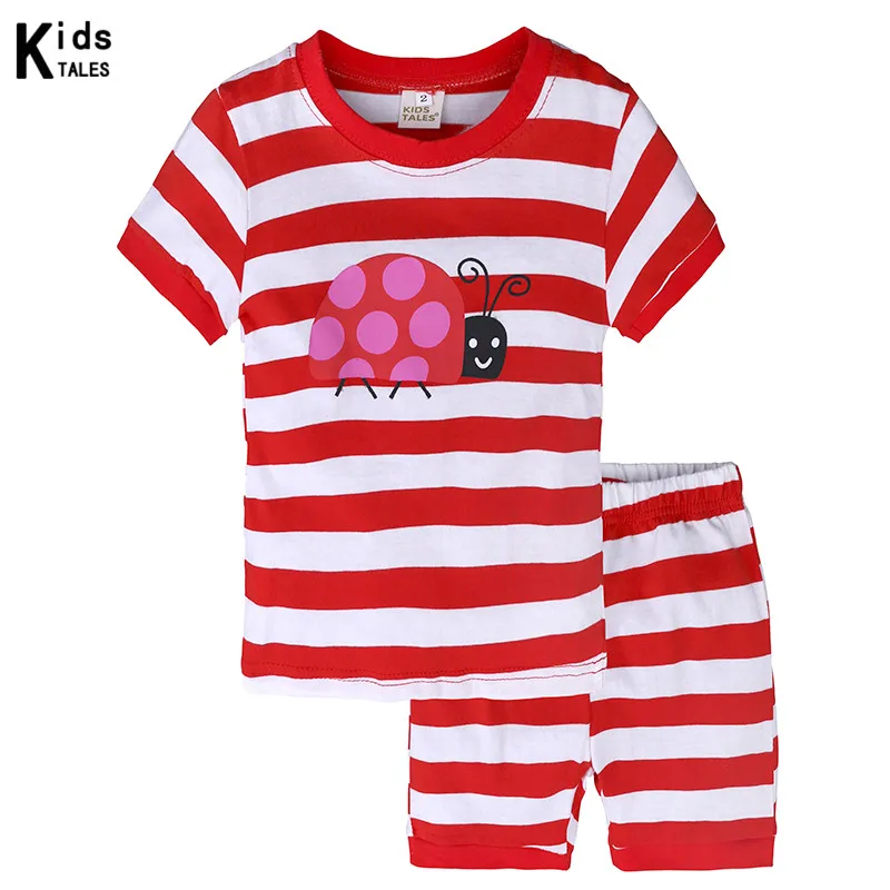 

Summer Children's clothing sets cartoon printing Baby girl pajamas suit red stripe sets cotton shirts + casual shorts 2pcs