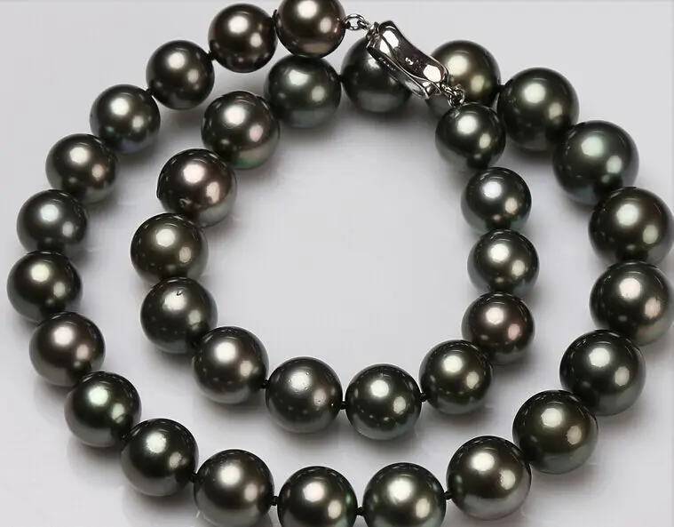 

stunning AAA12-13mm tahitian round black pearl necklace 18inch 925s