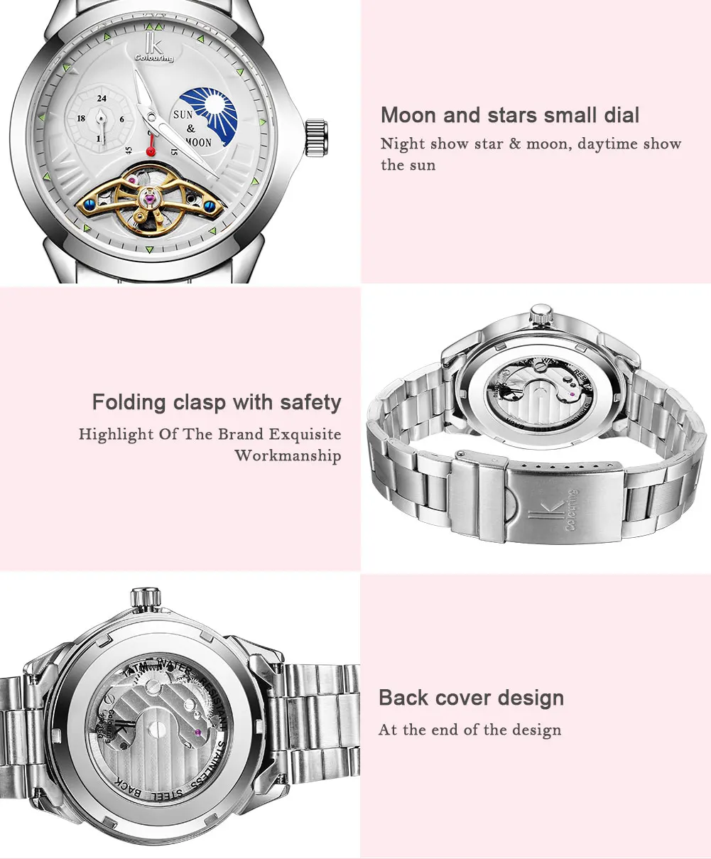 IK женские часы Топ бренд класса люкс AM/PM фаза Луны автоматические механические Скелетон наручные часы из нержавеющей стали ремешок женские часы
