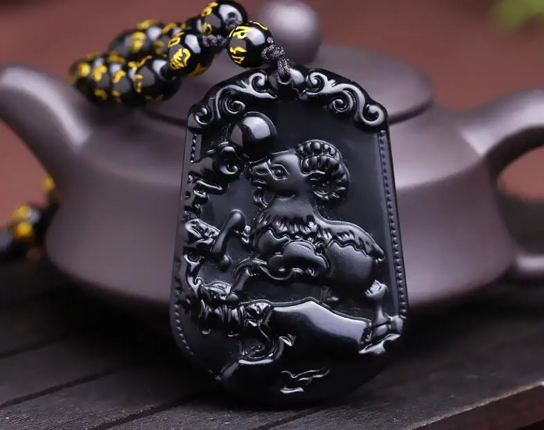 Натуральный черный резной китайский зодиакальный знак кабана обсидиан ожерелье с амулетом кулоны прекрасно для женщин и мужчин