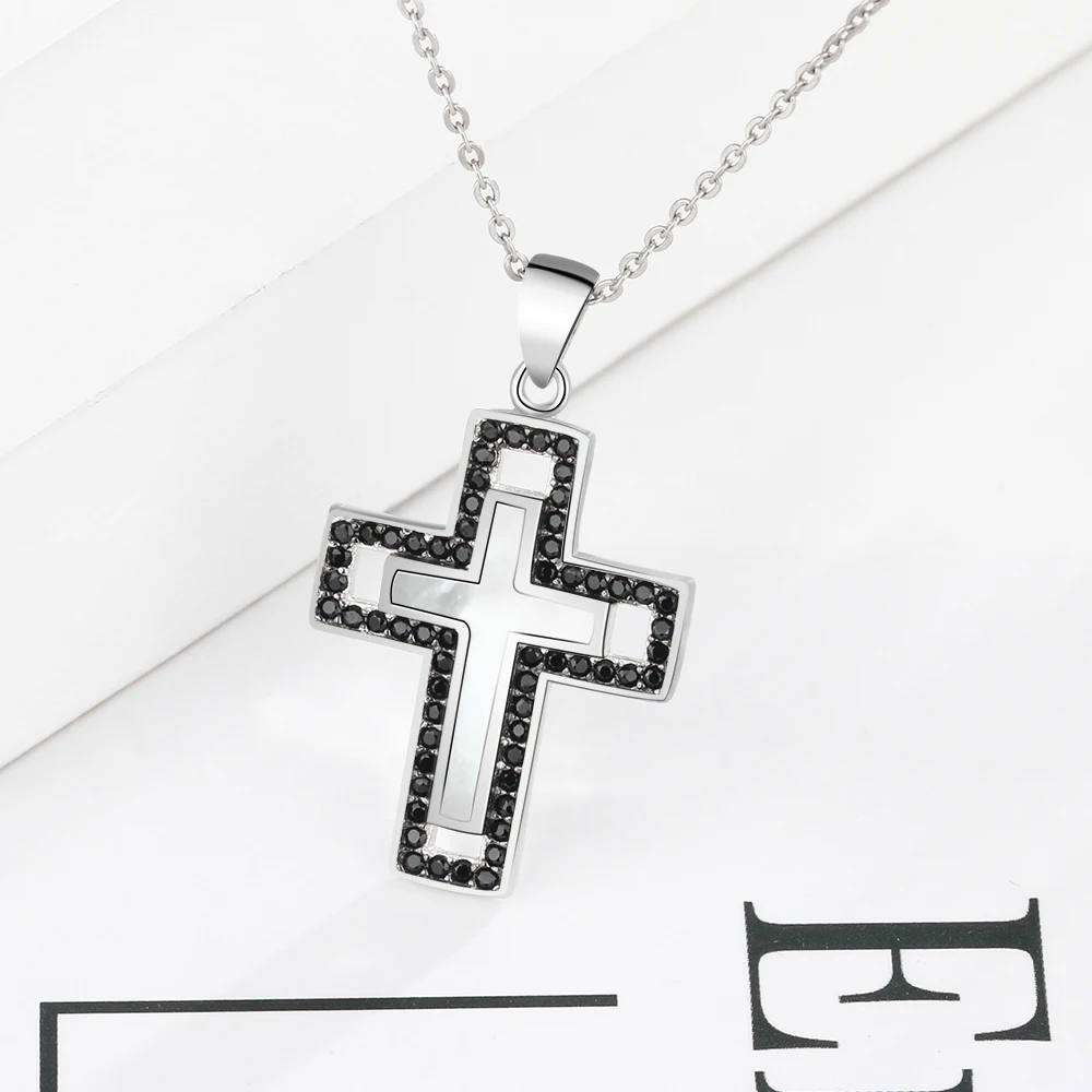 925 Silver Necklace Female For Women Cross Pearl Oysters Pendants Cubic Zirconia Jewelry Christian (Jewelora NE102575)