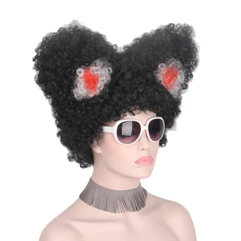 

Anxin Cosplay Clown Black Wigs with Two Horns for Women Colorful Afro Wig Curly Hair Halloween Costumes Curly Heat Resistant