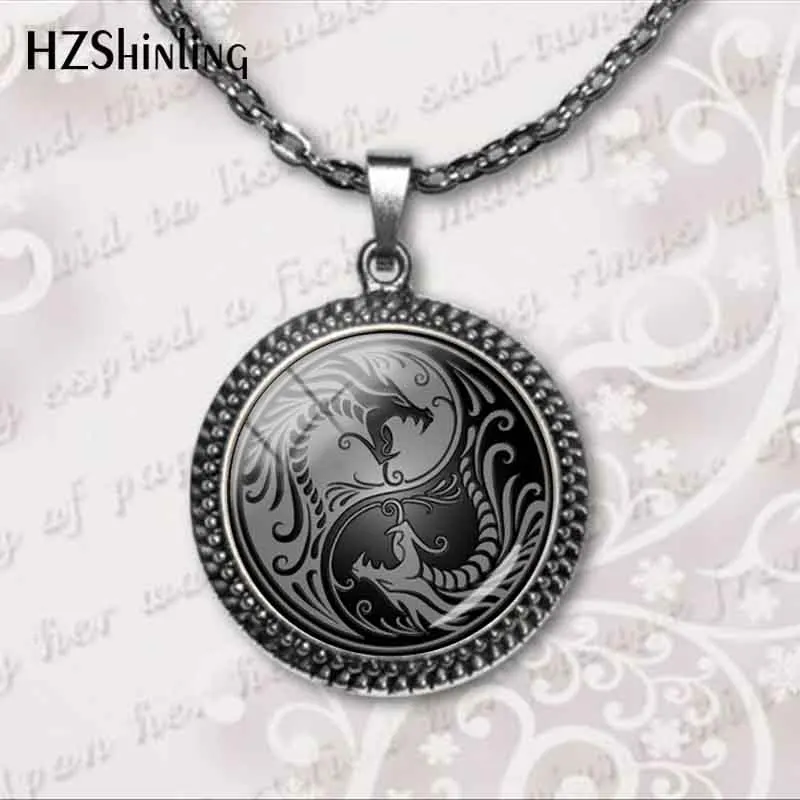 

New Black White Gothic Yin Yang Dragon Necklace Glass Cabochon Pendant Jewelry Birthday Christmas Gift for Men Women