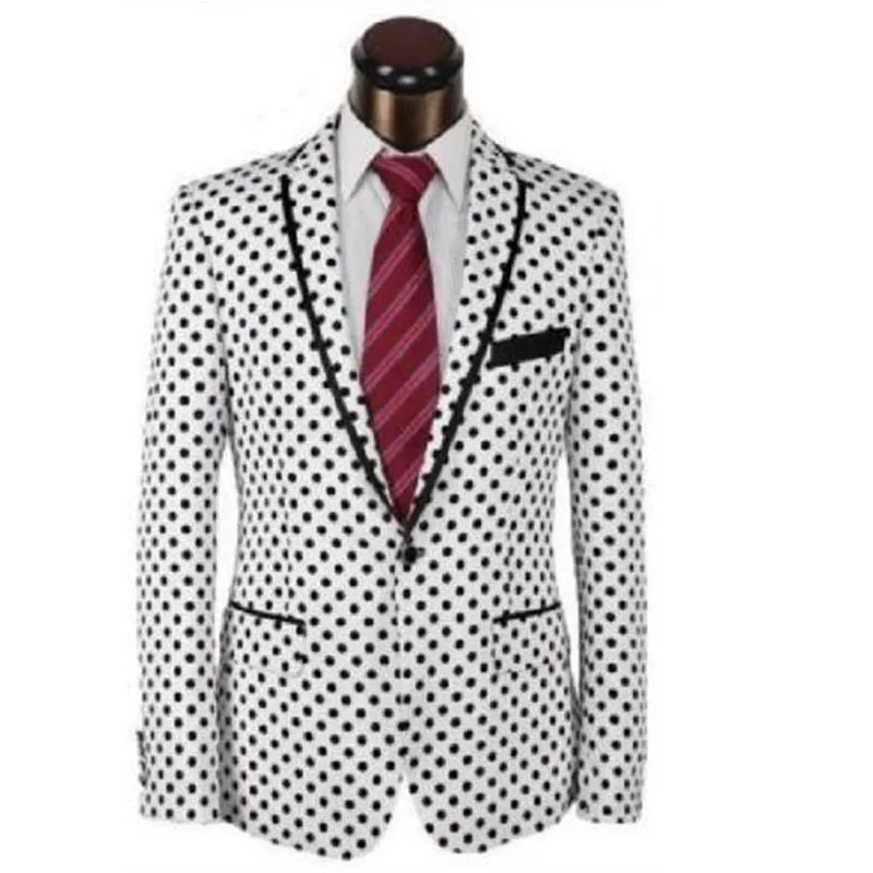 Men's New Suit Black and White Groom Tuxedo Business Casual Suit with Black and White Dot Pattern Custom Jacket + Pants