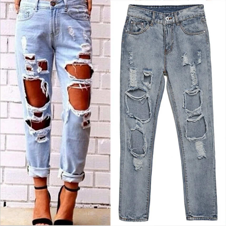 

Boyfriend Jeans For Women New Fashion Summer Style Women Jeans cool Holes Denim Pants Ripped Jeans 63#