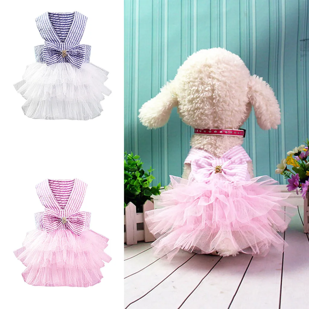 

New arrival Pet Dog bowknot stripe Gauze Tutu Dress Puppy Cat Princess Clothes Apparel d90627