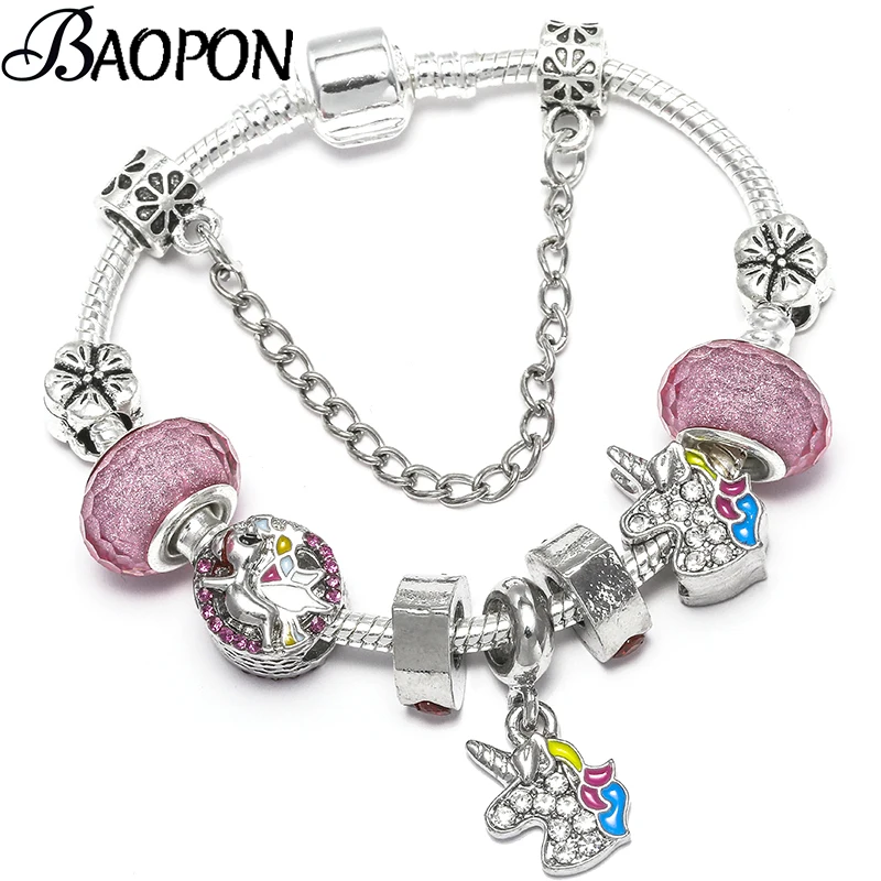 

BAOPON 2019 Cute Unicorn Charm Bracelets & Bangle For Women Fits DIY Cartoon Beads Fine Bracelet for Women Brand Jewelry Gift